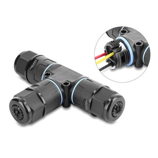 DeLOCK Delock Cable Connector T-shape with clamp connection 3 pin, IP68 waterproof, cable diameter 5 - 9 mm, incl. seal for 9 - 12 mm, tool-free black