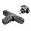 Delock Cable Connector T-shape with clamp connection 3 pin, IP68 waterproof, cable diameter 5 - 9 mm, incl. seal for 9 - 12 mm, tool-free black