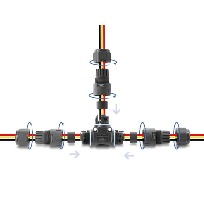 Delock Cable Connector T-shape with clamp connection 3 pin, IP68 waterproof, cable diameter 5 - 9 mm, incl. seal for 9 - 12 mm, tool-free black