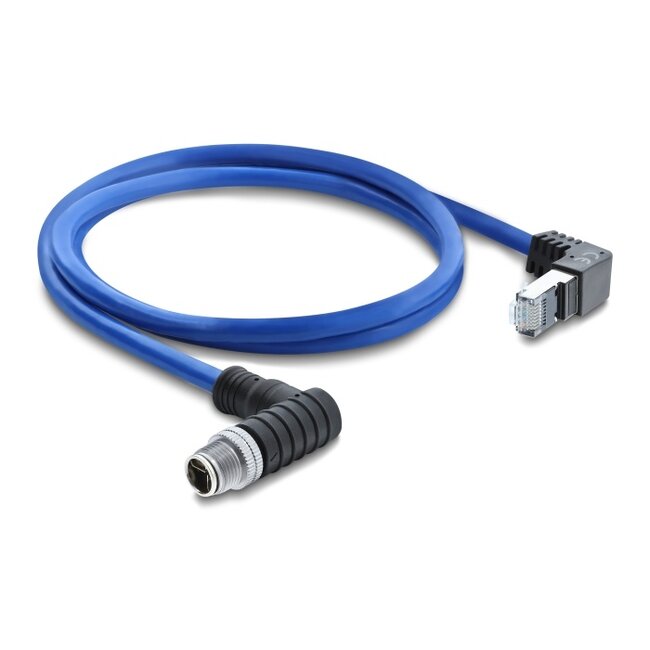 Delock M12 Cable X-coded 8 pin male angled downwards to RJ45 plug angled upwards S/FTP shielded 1 m blue