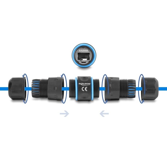 Delock Cable Connector RJ45 jack to RJ45 jack Cat.6A with M20 x 1.5 mm thread, short design, IP68 dust and waterproof