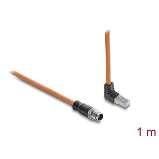 DeLOCK Delock M12 Cable X-coded 8 pin male straight to RJ45 plug angled upwards S/FTP shielded 1 m orange
