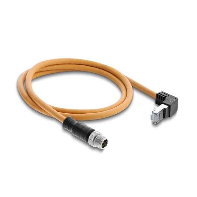 Delock M12 Cable X-coded 8 pin male straight to RJ45 plug angled upwards S/FTP shielded 1 m orange