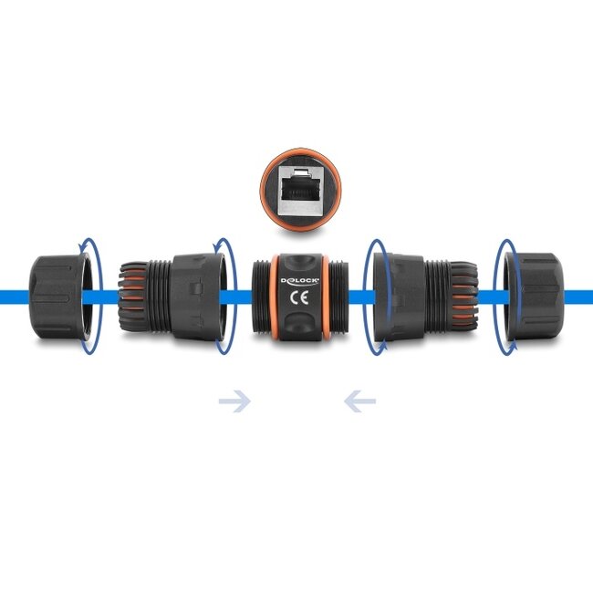 Delock Cable Connector RJ45 jack to RJ45 jack Cat.6A with M23.5 x 1.5 mm thread, short design, IP68 dust and waterproof