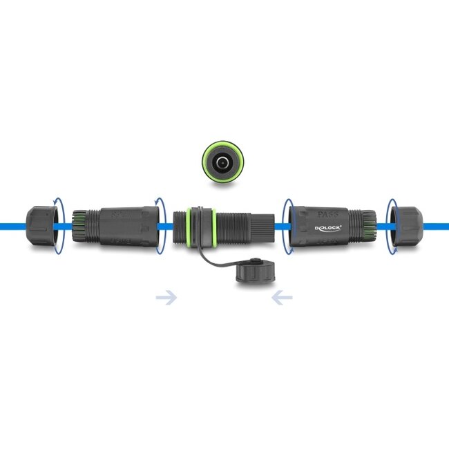 Delock Cable Connector DC 5.5 x 2.1 mm female to DC 5.5 x 2.1 mm female with M20 x 1.5 mm thread and protective cap with housing compatible with Starlink IP68 dust and waterproof