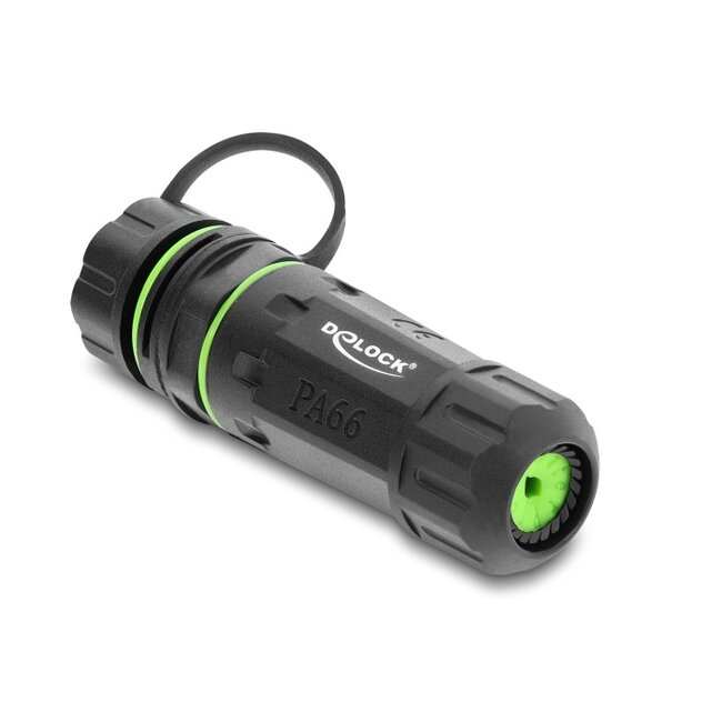 Delock Cable Connector DC 5.5 x 2.1 mm female to DC 5.5 x 2.1 mm female with M20 x 1.5 mm thread and protective cap with housing compatible with Starlink IP68 dust and waterproof