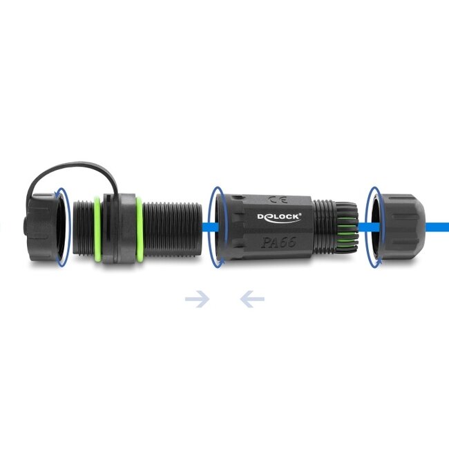 Delock Cable Connector RJ45 jack to RJ45 jack Cat.6 with M20 x 1.5 mm thread and protective cap with housing compatible with Starlink IP68 dust and waterproof
