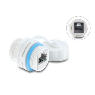 DeLOCK Delock Cable Connector RJ45 jack to RJ45 jack Cat.6A with M23.5 x 1.5 mm thread and protective cap IP68 dust and waterproof white