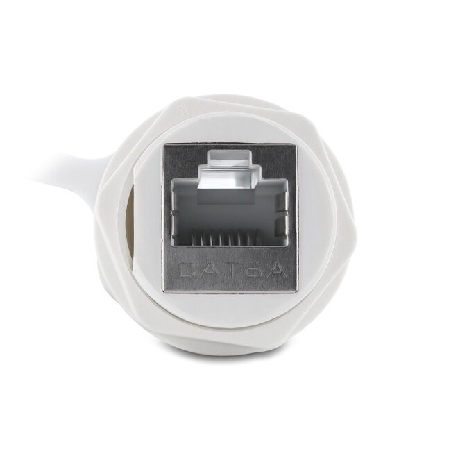 Delock Cable Connector RJ45 jack to RJ45 jack Cat.6A with M23.5 x 1.5 mm thread and protective cap IP68 dust and waterproof white