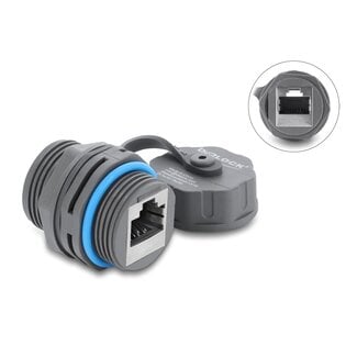DeLOCK Delock Cable Connector RJ45 jack to RJ45 jack Cat.6A with M23.5 x 1.5 mm thread and protective cap IP68 dust and waterproof grey