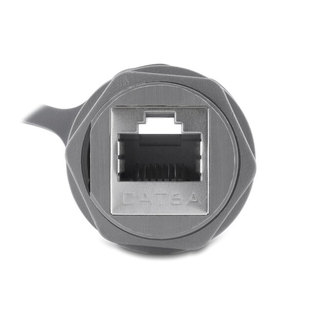 Delock Cable Connector RJ45 jack to RJ45 jack Cat.6A with M23.5 x 1.5 mm thread and protective cap IP68 dust and waterproof grey