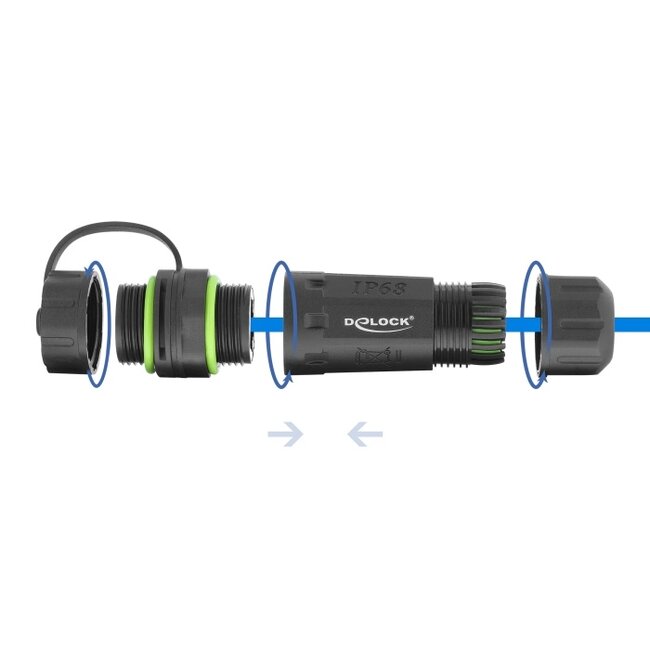 Delock Cable Connector RJ12 jack to RJ12 jack with M20 x 1.5 mm thread with protective cap and housing IP68 dust and waterproof
