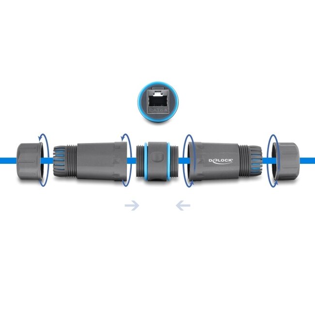 Delock Cable Connector RJ45 jack to RJ45 jack Cat.6A with M23.5 x 1.5 mm thread IP68 dust and waterproof grey