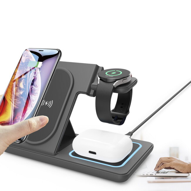 Draadloze 3-in-1 laadstandaard voor telefoon, TWS en Samsung Watch, 18 W, zwart