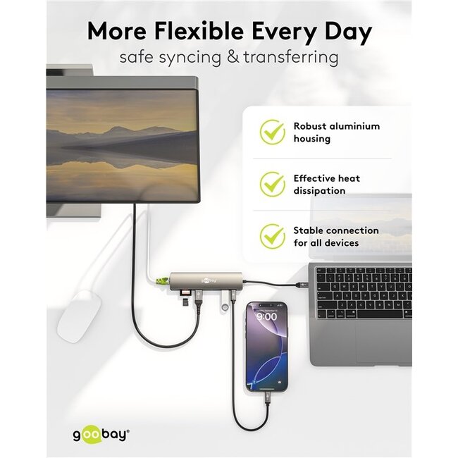 Goobay USB-C naar HDMI 4K 30Hz, USB-A, USB-C PD 100W, RJ45 en SD adapter | aluminium | 0,10 meter