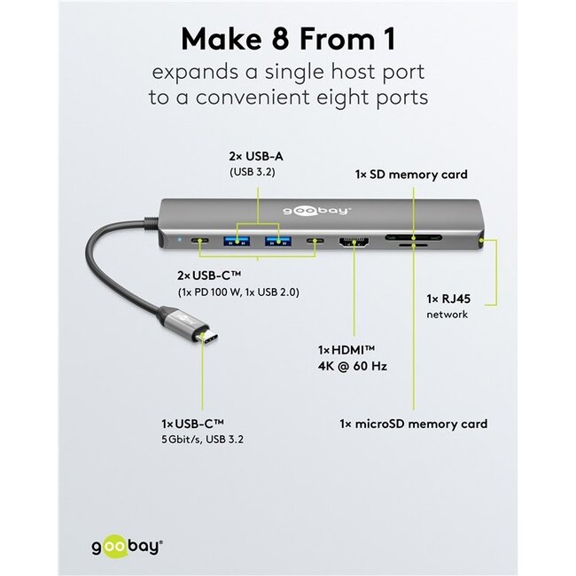 Goobay USB-C naar HDMI 4K 60Hz, USB-A, USB-C PD 100W, RJ45 en SD adapter | aluminium | 0,10 meter