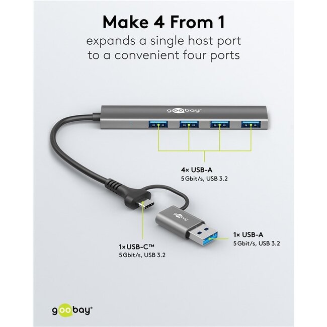 Goobay USB hub (USB-A/USB-C) | 4x USB-A | USB3.0 5 Gbps | aluminium | 0,10 meter