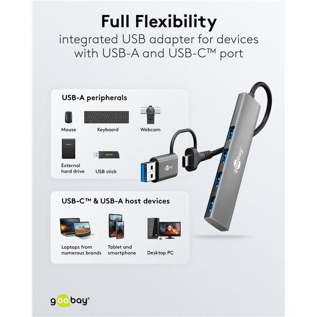 Goobay USB hub (USB-A/USB-C) | 4x USB-A | USB3.0 5 Gbps | aluminium | 0,10 meter