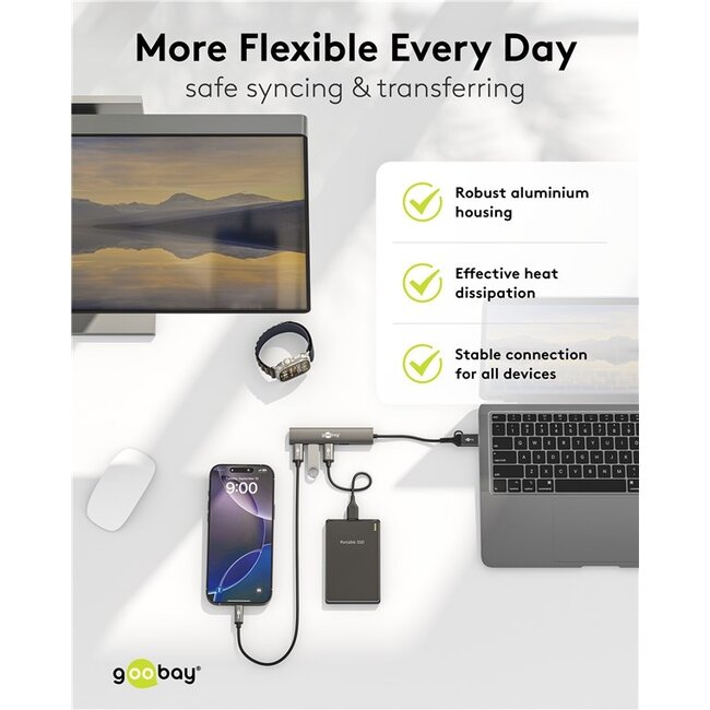 Goobay USB hub (USB-A/USB-C) | 4x USB-A | USB3.0 5 Gbps | aluminium | 0,10 meter
