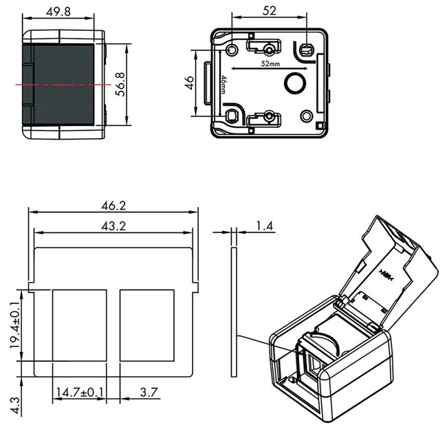 Wandcontactdoos | voor 2 Keystone modules | outdoor (IP44) | zwart/grijs