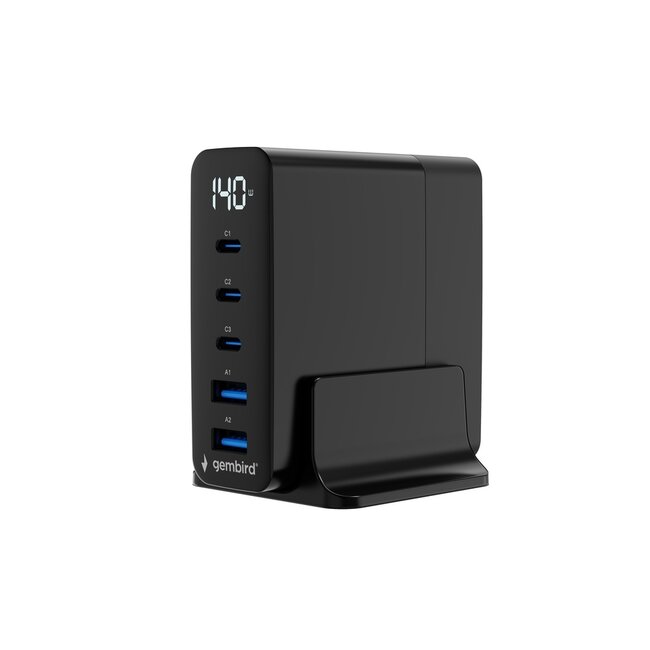 5-poorts 140 W GaN USB-snellader, zwart