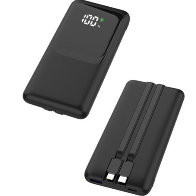 20 W Fast charging power bank with integrated cables, 10000 mAh, black