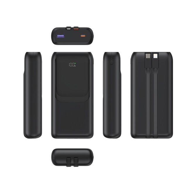 20 W powerbank met snellaadfunctie en geÃ¯ntegreerde kabels, 20000 mAh, zwart