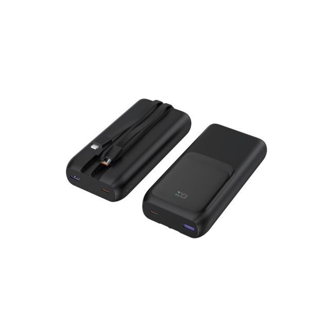 20 W powerbank met snellaadfunctie en geÃ¯ntegreerde kabels, 20000 mAh, zwart