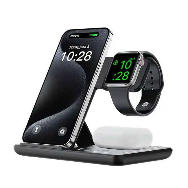 Draadloze 3-in-1 Apple laadstandaard voor telefoon, TWS en Apple Watch, 18 W, zwart