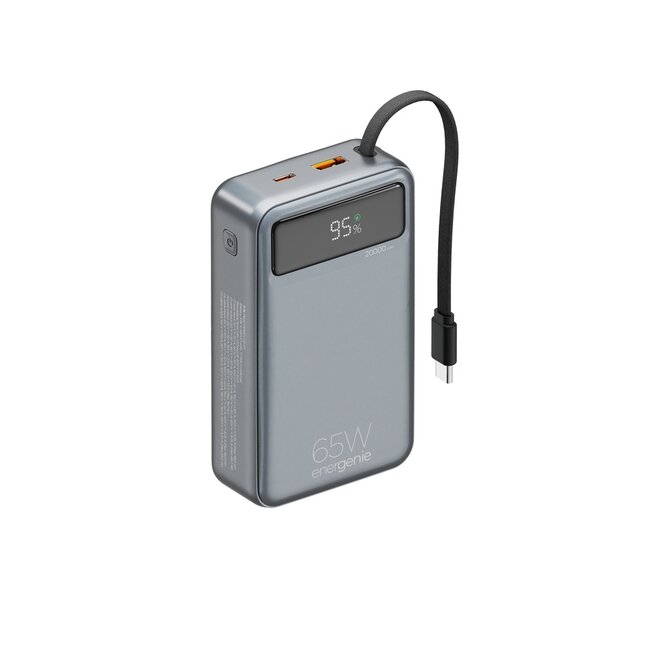 65 W Snelladende powerbank met geÃ¯ntegreerde kabels, 20000 mAh, zwart