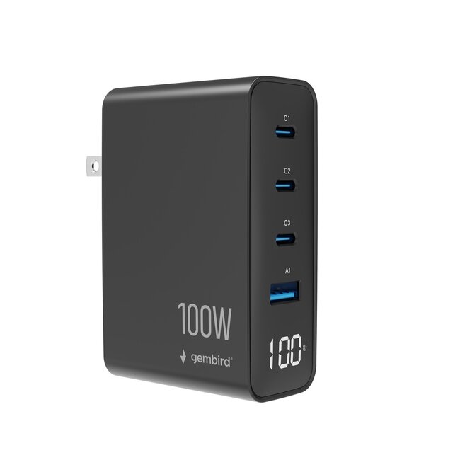 4-poorts 100 W GaN USB-snellader, LCD, zwart