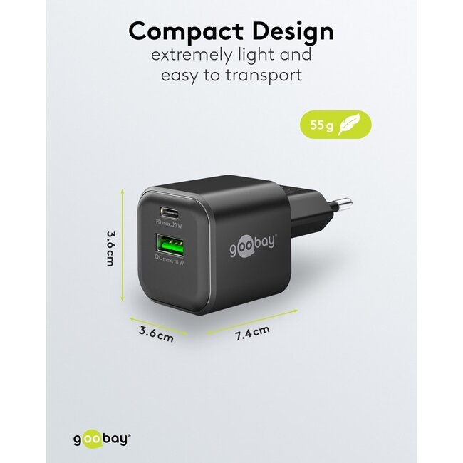Goobay nano USB lader | USB-C PD + USB-A QC | GaN | 20W | zwart