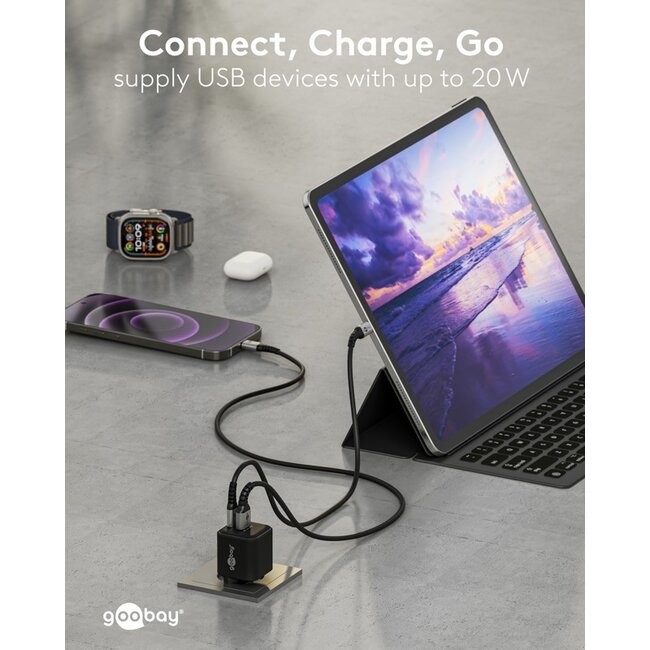 Goobay nano USB lader | USB-C PD + USB-A QC | GaN | 20W | zwart