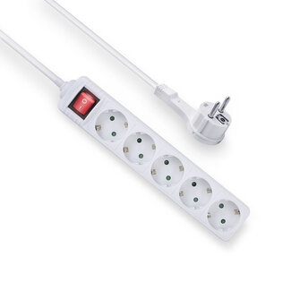 ACT ACT Stekkerdoos met lichtgevende schakelaar en platte stekker, 5 sockets, 1,5 m, wit