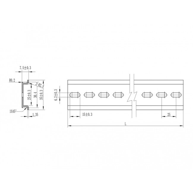 DIN-rail met sleufgaten | 25 x 3,5 x 0,75 cm | aluminium