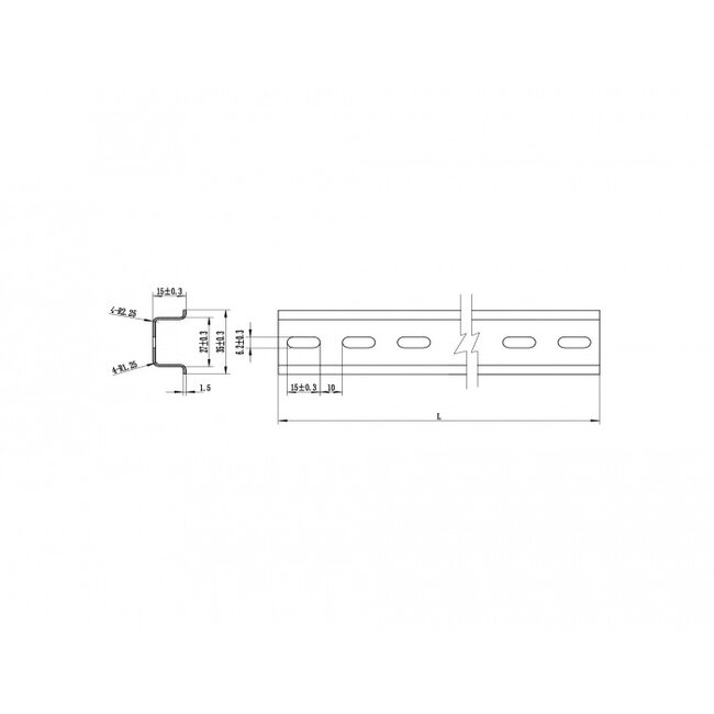 DIN-rail met sleufgaten | 25 x 3,5 x 1,5 cm | staal