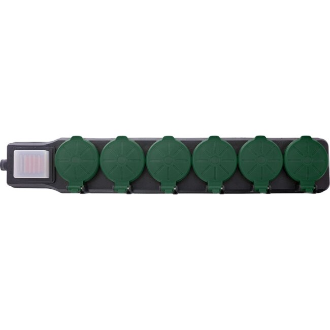 IP44 outdoor stekkerdoos met 6 contacten | schakelaar | zwart/groen | 10 meter