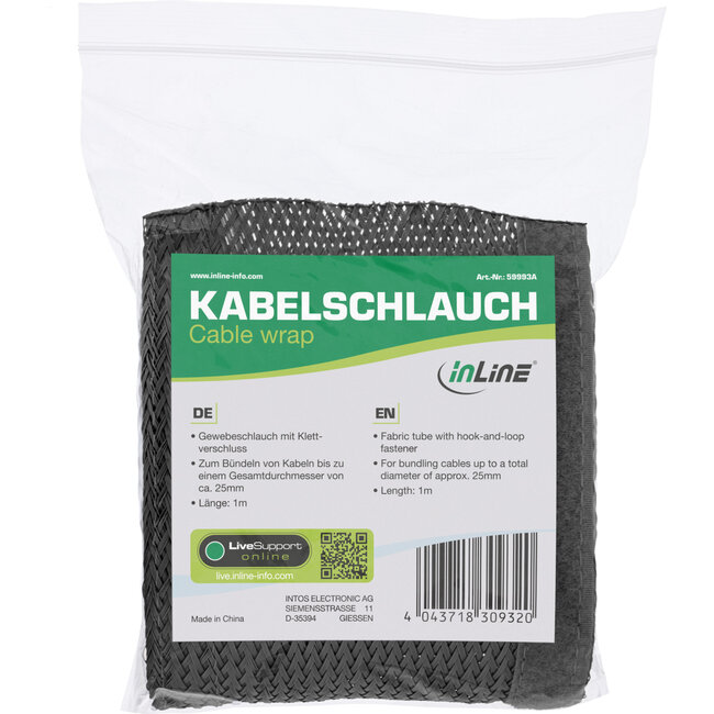 InLine® beschermslang, stoffen beschermslang met klittenband, 1m x 25mm zwart