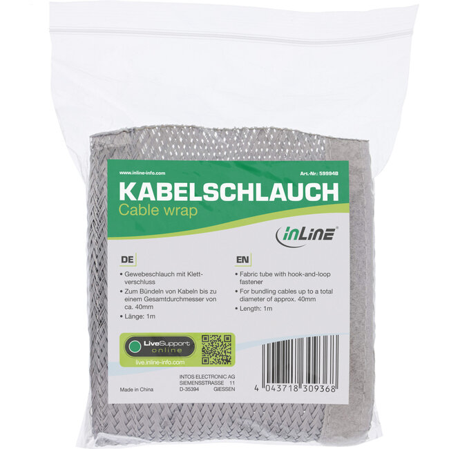 InLine® beschermslang, stoffen beschermslang met klittenband, 1 m x 40 mm grijs