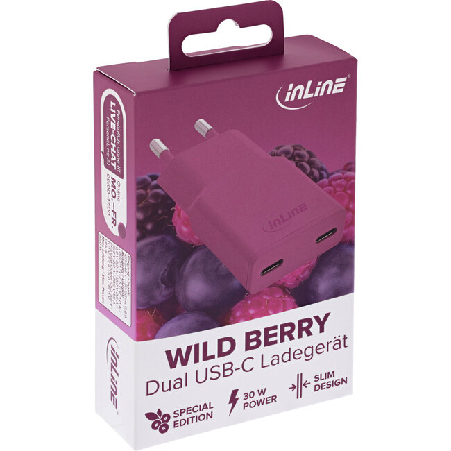 InLine® USB-C lader, 30 W, GaN, Dual USB-C, PD/PPS, Wilde bes