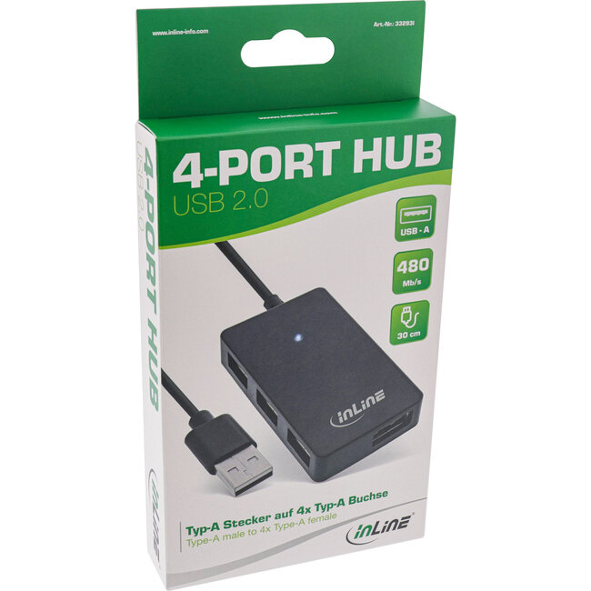 InLine® USB 2.0 hub, 4 poorten, zwart, met USB DC-kabel, kabel 30cm