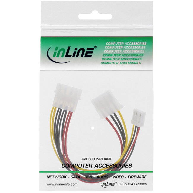 InLine® Power Y-kabel intern, 1x 5,25" naar 1x 3,5" + 1x 5,25", 0,20m