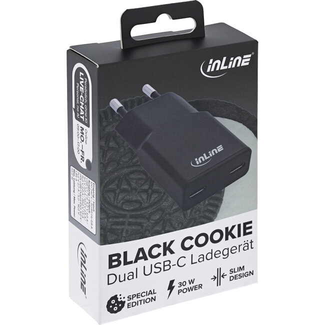InLine® USB-C lader, 30 W, GaN,  Dual USB-C, PD/PPS, Black Cookie/zwart