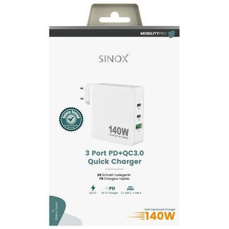 Sinox Sinox 140W GaN Multi Device Wall Charger USB-C + C + A  - PD -PPS-GAN  , White