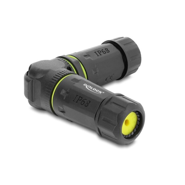 Delock Cable Connector RJ45 jack to RJ45 jack Cat.6 with M23 x 1.5 mm thread 90° angled IP68 dust and waterproof black