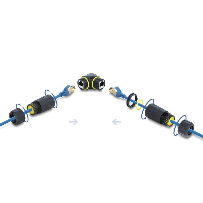 Delock Cable Connector RJ45 jack to RJ45 jack Cat.6 with M23 x 1.5 mm thread 90° angled IP68 dust and waterproof black
