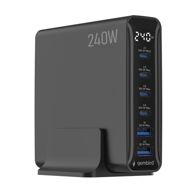 6-poorts 240 W GaN USB-snellader, zwart