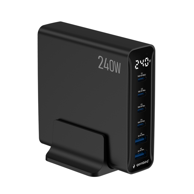 6-poorts 240 W GaN USB-snellader, zwart