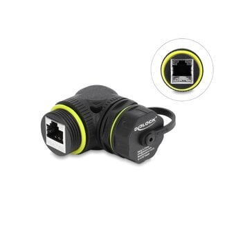 DeLOCK Delock Cable Connector RJ45 jack to RJ45 jack Cat.6 with M23 x 1.5 mm thread and protective cap 90° angled IP68 dust and waterproof black