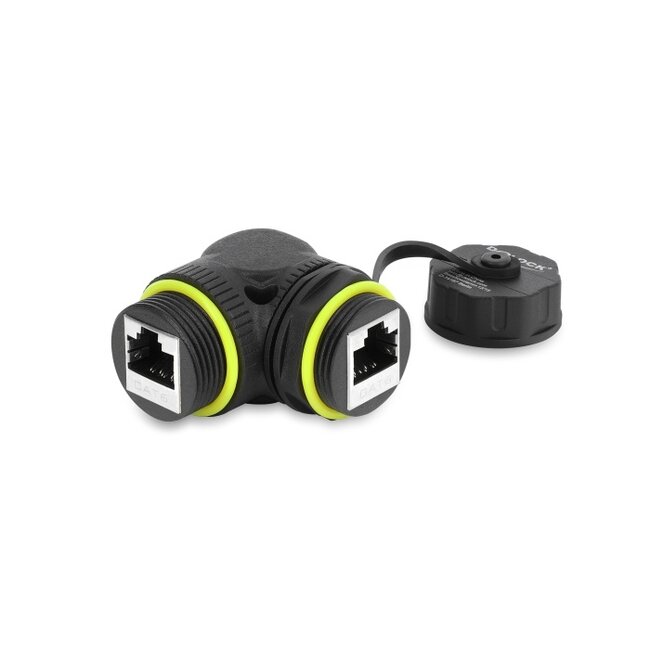 Delock Cable Connector RJ45 jack to RJ45 jack Cat.6 with M23 x 1.5 mm thread and protective cap 90° angled IP68 dust and waterproof black